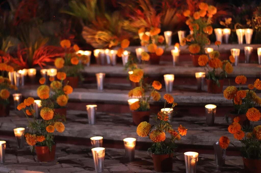 altar, day of the dead, candles, flowers, chrysanthemum, flower wallpaper, lights, memory, mexico, brown candle, brown candles, flower background, beautiful flowers, nature, brown memory